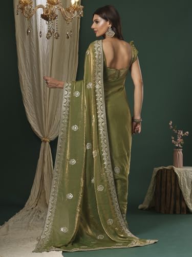 Image of SAREE MALL Women's Satin Silk Embroidered Saree With Unstitched Blouse (KRIYNS4001 KH Parent)