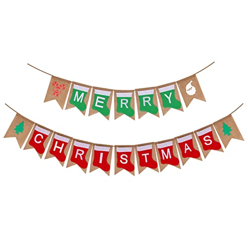 Merry Christmas Burlap Bunting Banner, Vintage Decoration for Xmas Fireplace Wall Christmas Tree Decoration (Christmas)