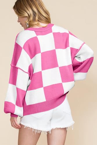 Image of Women's Casual Crew-Neck Long Sleeve Sweater Checkered Pullover Knit Sweaters Jumper Top
