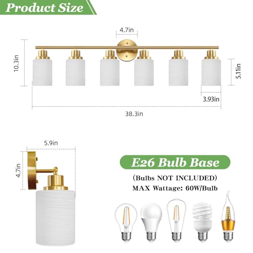 Image of 6-Light Vanity Lights, Brushed Gold Bathroom Light Fixture with Striped Textured Milky White Glass Shade, E26 Wall Sconce, Modern Vanity Lighting Fixture for Bathroom Wall Light Over Mirror