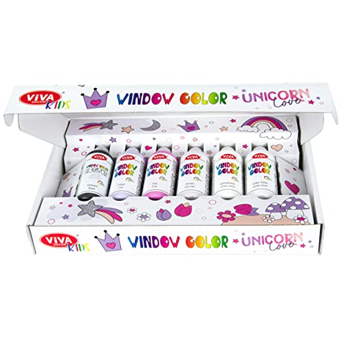 Viva Decor Window Color Set Unicorn Love (6 Farben à 90 ml) Geschenkset Window Color Set Kinder mit 6 Fensterfarben in Geschenkverpackung mit 15 Motiven - Made in Germany