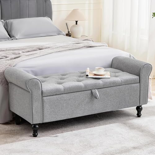 PoteSoar 48" Ottoman with Storage and Rolled Arms, Tufted Upholstered Storage Bench with Safety Hinge and Sturdy Frame for Living Room, Footboard and Entryway (Light Gray)