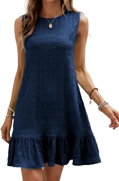 SOLY HUX Women's Ruffle Hem Sleeveless Tank Dress Round Neck Casual Jacquard Hem Smock Summer Mini Dresses