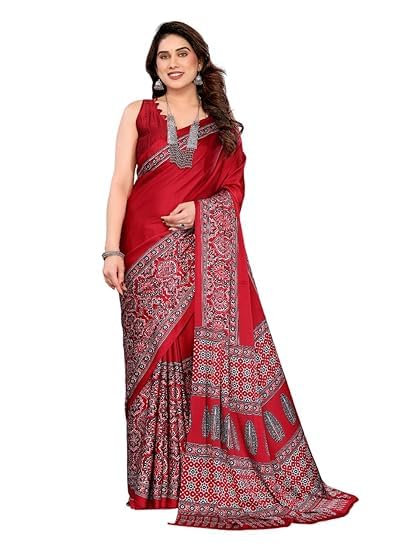 Women's Original Modal Silk Ajrakh Saree Ikkat Nakshi Bandhej Print Designer Pallu Attach Blouse Piece-image-23