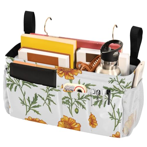 FRODOTGV Nature Marigold White Bedside Storage Caddy Bag Hanging Organizer Bags with Big Pockets And Bottle Holder for Glasses, Books, Mobile Phones, Keys