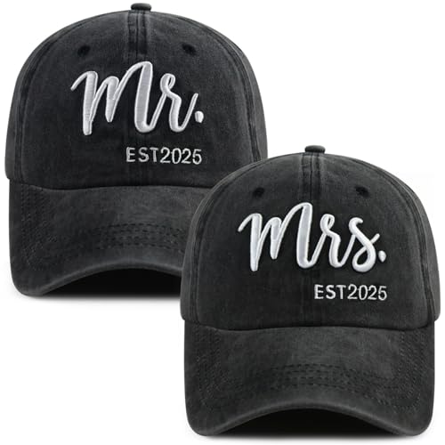 Image of 2PCS Mr and Mrs 2025 Hats for Men Women, Adjustable Cotton 3D Embroidered Gifts Baseball Cap