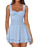 IWD Women's 2026 Summer Flowy Square Neck Sleeveless Ruffle Mini Dress Cute Ruched Corset Short Sundresses for Women Light Blue Small