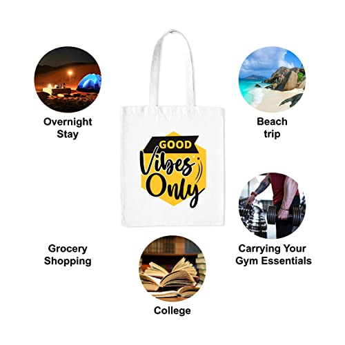 Image of Good Vibes Quotes Medium Canvas Tote Bag for Women with Zip, Stylish Polyster Cotton Handbags College Grocery Handbags L X H 38 X 43 Cms