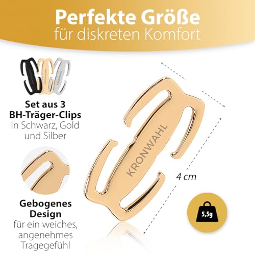 Kronwahl 3 BH Träger Clips aus Metall, für Trägerbreite bis zu 1,8 cm, optimales BH Zubehör, Bra Halter für unsichtbare Träger & attraktive Betonung von Ausschnitt und Rücken