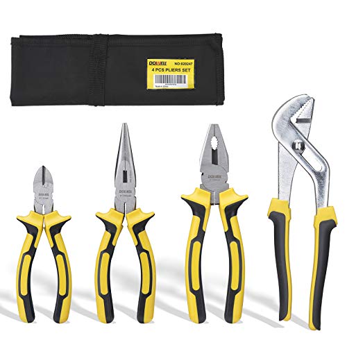 DOWELL Pliers Set 4 Pieces with Storage Pouch Plier Set 8-Inch Long Nose Pliers 8-Inch Linesman Pliers 6-Inch Diagonal Pliers 10-Inch Groove Joint Pliers