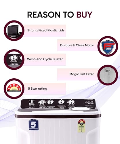 Image of Lloyd 7.5 kg 5 Star Semi Automatic Top Load Washing Machine |1300 RPM | Soak Function | 3 Wash Programs | Swift Dry | Magic Filter, (GLWMS75DDMAC, Dark Maroon and White)