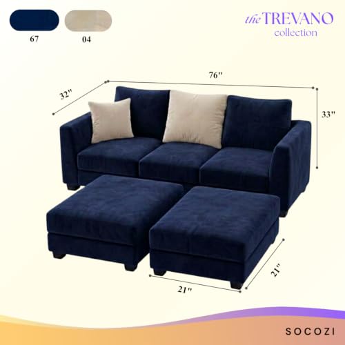 Image of SOCOZI Evanto 5 Seater L Shape Sofa Set with 2 Movable Ottomans | Flexible Layout| Soft Velvet Suede Fabric|Modern Sofa | Plush Comfort Cushions for Living Room (Cream-Dark Blue)