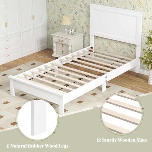 Image of GIANTEX Wood Twin Bed Frames with Headboard, Mid Century Platform Bed Frame with Solid Wood Legs & Wooden Slat Support, Twin Bed Frames for Kids Adults, White Bed