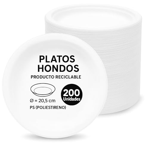 Platos de plástico blancos reutilizables, Plato de plástico hondo redondo, apto para alimentos calientes, Platos extra resistentes, Norma UNE-EN-12875-1, Diseño hondo diámetro 20.5 cm, 200 unidades
