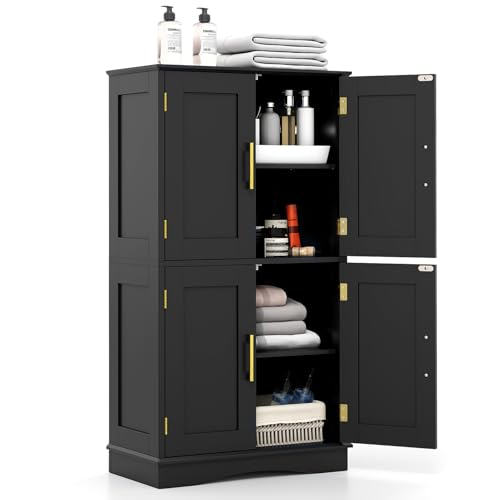 RELAX4LIFE Mobile da Bagno, Armadietto con 4 Ante, Ripiani Regolabili, Credenza da Cucina Salvaspazio, Mobiletto Multiuso per Soggiorno e Ufficio, 60 x 30 x 110 cm (Nero)