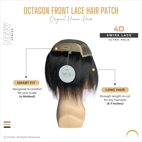 Image of Artello OCTAGON FRONT LACE Hair Patch for Men, 4D Swiss Lace, 0.03 mm Invisible Frontal Hairline, Ultra Hold, Strong PU, 100% Remy Human Hair Wig (Colour: Natural Black) (7x5)