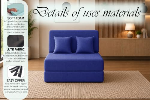 Image of Sofa Cum Bed with Jute Fabric, Convertible One Seater Sofa Bed 3x6 Ft, Comfortable Cushioned Seating, Space Saving Design for Living Room, Bedroom & Guest Room - Blue Color