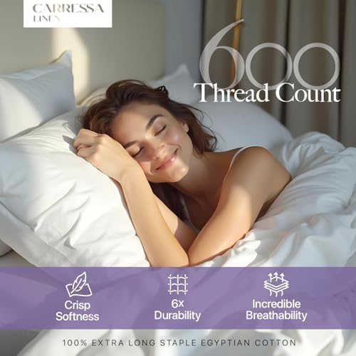 Carressa Linen 100% Egyptian Cotton Queen Sheet Set - 600 Thread Count Egyptian Cotton Queen Sheets Set (4 PC, Crisp White), Ultra Soft, Cooling, 16" Deep Pocket Sateen Weave Luxury Hotel Bed Sheet