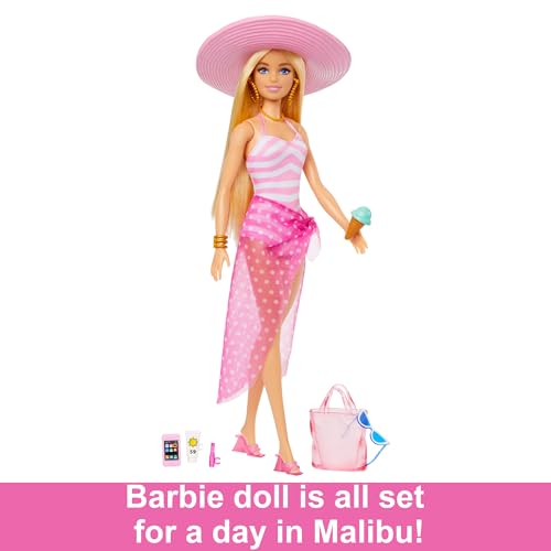 Blonde Barbie Doll with Pink and White Swimsuit, Sun Hat, Tote Bag and Beach-Themed Accessories, HPL73
