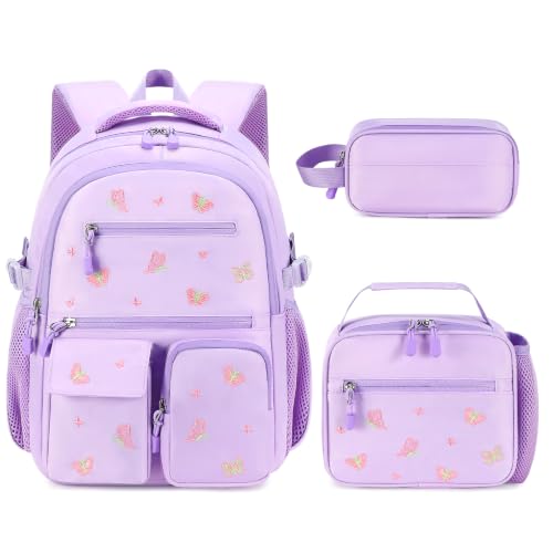 Image of DIGOBAY Backpack for Girls 6-8, 3PCS Embroidery Toddler Girls Backpack with Lunch Bag Pencil Case, 15.7 inch Kids School Bookbag for Preschool Kindergarten Elementary Daycare Backpacks, Purple Butterfly