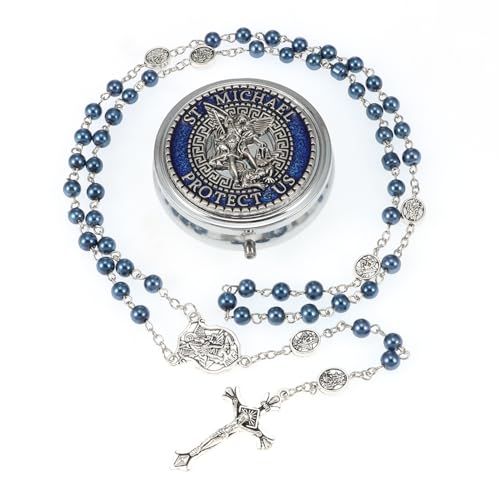 6mm Glass Pearl Rosary Beads Catholic for Women, Virgin Mary Our Lady of Guadalupe Medal, Hematite Stone Saint Benedict Rosary, Bead Necklace First Communion Gifts with Metal Gift Box