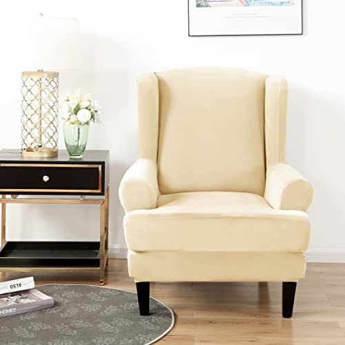 XMNTG Stretch Wingback Chair Slipcover 2-Piece Velvet Wing Chair Cover Armchair Cover with Elastic Bottom Washable Removeable Easy to Install Furniture Protector for Living Room Bedroom (Yellow)