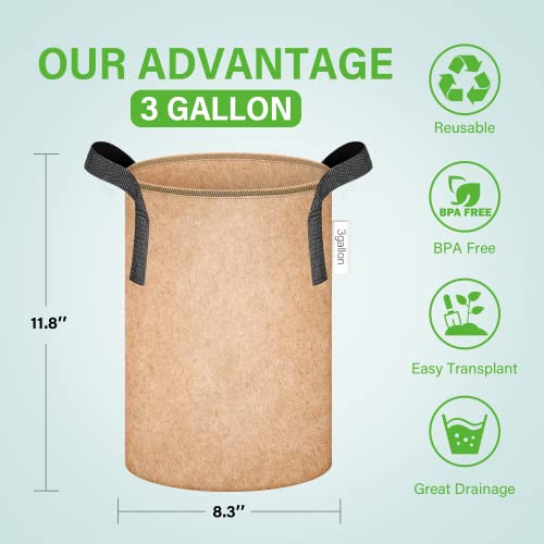 Ipower 5-Pack 3 Gallon Plant Grow Bags Thickened Nonwoven Aeration Fabric Pots Heavy Duty Durable Container, Strap Handles For Garden, Tan #TOP1