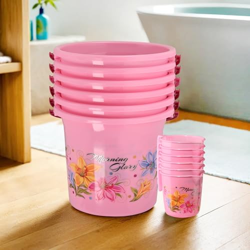 Image of Heart Home (Set of 12) Bathroom Bucket & Mug Set | Bathroom Combo Set for Bathroom, Hotels, Laundry (Each 6 Pieces) Bucket-18 L & Mug-500 ml Bathing Set | Bathroom Accessories Set | Pink
