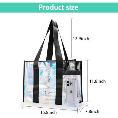 Clear Beach Tote Bag for Women with Phone Pouch, Tip-Proof Iridescent Pool Tote Bag for Swim2