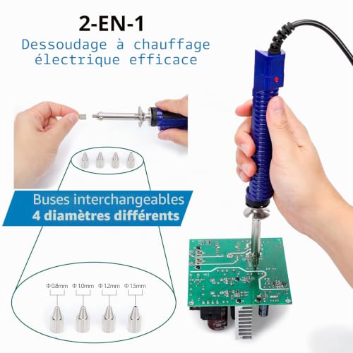 WEP 929D-V 2 EN 1 kit de soudage et dessoudage avec pompe a dessouder électrique, 5 buses 0,8/1,0/1,2/1,5 mm, support, éponge, broche de nettoyage pour dessoudage, pompe à dessouder intégrée (EU) – vue 3