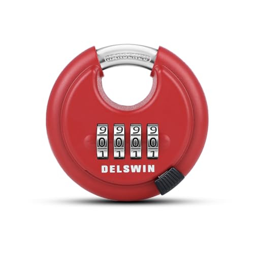 Image of DELSWIN Outdoor Combination Padlock - 4 Digit Heavy Duty Disc Lock with Hardened Shackle,Combo Padlock for Gate,Storage Unit,Fence(25 /64 inch Shackle, Red,1Pcs)