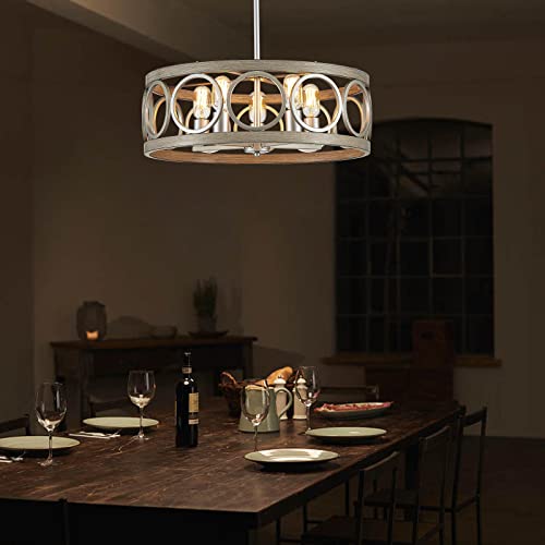 Peskoe Dining Room Light Fixtures Over Table, Modern Farmhouse Chandeliers For Living Room Kitche Bedroom, 22'' Rustic Drum Chandeliers Pendant Light, Nickel Wood Grain With Metal Shade #TOP7