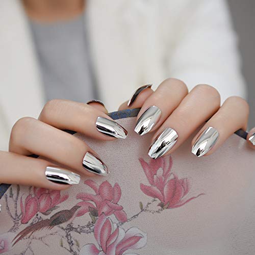 Ladgbp Press On Nails Medium Almond Metallic Silver Full Cover Fake Nail Mirror Chrome Shiny False Nails Pre-Design Manicure For Women Girls Festival Band Party 24 Pcs #TOP1