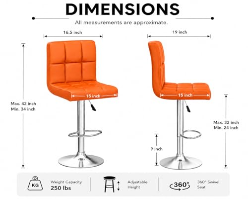 Image of Kemon KaiMeng Modern Adjustable Swivel Bar Stool Chair with Backrest, PU Leather Hydraulic Counter Stool with Footrest for Kitchen Island, Cafe & Home Bar, Orange, Square Tufted Back Stool