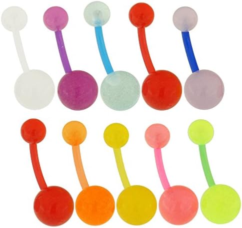 hwojjhaPiercing 10 Pieces Pack of UV Glow in the Dark Ball with 14 Gauge Bioplast Flexible Banana Belly Button Rings
