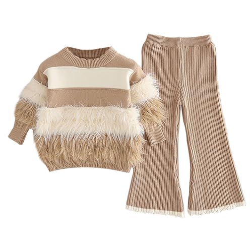 BILIKEYU Toddler Girl Clothes Fuzzy Striped Long Sleeve Sweater Top and Elastic Waist Flare Wide Leg Pants Fall