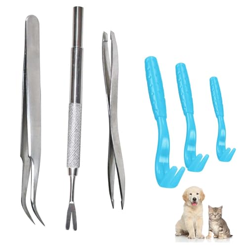 Gudemoore 6 en 1Tire Tique, 3 Pince a Tiques en Plastique et 3 Anti Tique Chien Accessoires en Acier Inoxydable, pour Chiens,Chats et Autres Animaux
