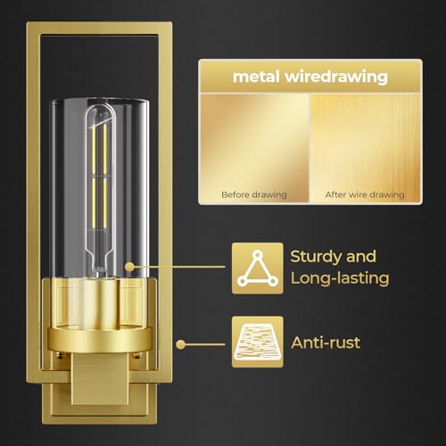Image of CINOTON Golden Wall Sconces Set of 2, 15 inch Brushed Gold Wall Mounted Lamp, Hardwired AC 120V Wall Sconces Vintage Vanity Light Fixtures with Clear Glass, Wall Lights for Living Room, Hallway, Bedroom