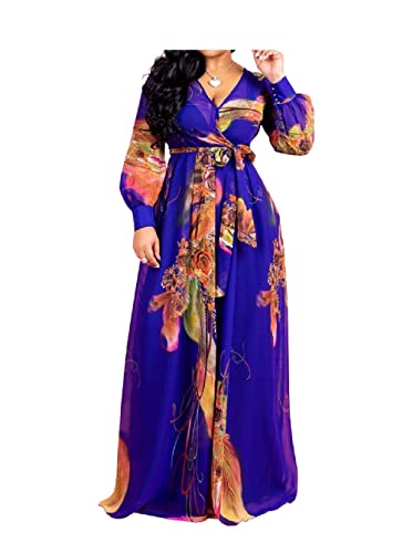 Image of lvenzse Womens Maxi Dress Boho Chiffon Floral Printed Long Party Dresses Plus Size with Belt (FBA)