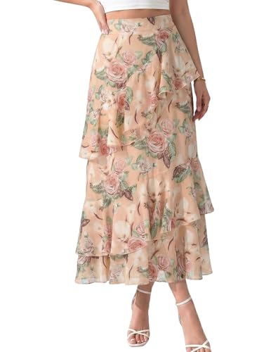 DERAX Women's Floral Boho Midi Skirt A Line Tiered Ruffle Chiffon High Waist 2026 Spring Summer Long Skirts Apricot A M
