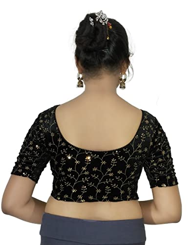 Image of PU Fashion Stylish Golden Embroidery Work Readymade Stretchable Velvet Blouse - Soft Breathable Fabric, Saree Blouse for Women