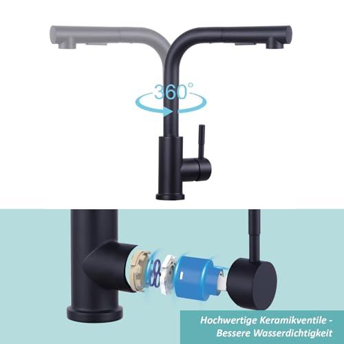 Wasserhahn Küche Schwarz, SEMANEY Hochdruck Küchenarmatur mit Brause Ausziehbar Zwei Strahlarten, Spültischarmatur Küche 360° Schwenkbar, L Form Armatur Küche Ausziehbar, Einhand Mischbatterie Küche