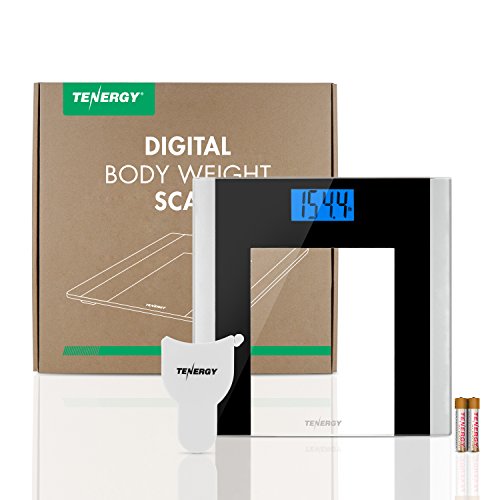 Tenergy Body Weight Scale With Step-On Technology, Tempered Glass Platform W/Backlit Lcd, High Precision Digital Bathroom Scale, 400-Pound Capacity, Bonus Body Measuring Tape & Batteries Included #TOP7