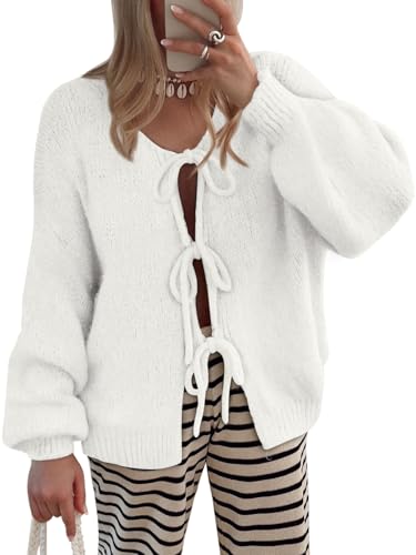 LILLUSORY Tie Front Chunky Cardigan Sweaters for Women Trendy 2025 Early Fall Fashion Long Puff Sleeve Bow Tops Cute Knit Sweater Y2k Winter Outfits White M