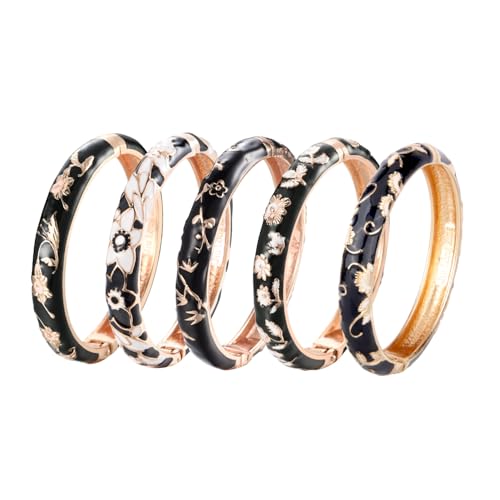 Image of UJOY Bangles 5 Pcs Enamel Jewelry Set Rose Flower Engraved Cloisonne Bracelets Pack in a Box 5PCS