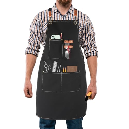 Rtcimoic Men's Canvas Tool Apron with Pockets, Heavy Duty Multi-Pocket Work Apron for Woodworking Gardening Bartender, Adjustable Chef Apron for Men Women Kitchen Workshop (Black)