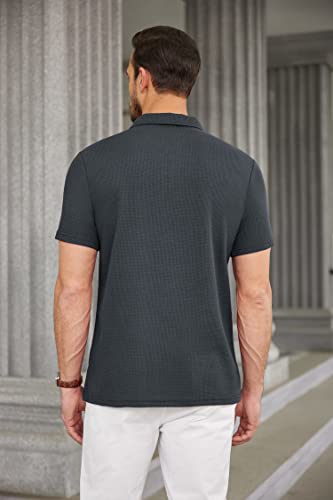 Coofandy Fitted Polo Shirts For Men Zipper Golf Shirt Short Sleeve Waffle Knit Golf Shirts Dark Grey, Xxl #TOP2