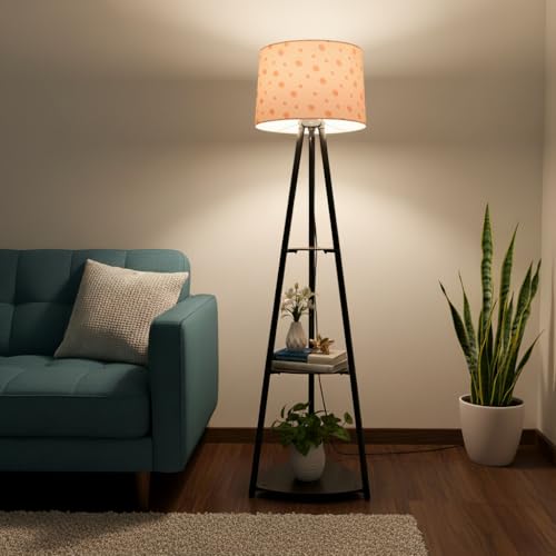 Image of Tripod Metal Floor Lamp with Shelves Stylish Standing Lamp for Living Room Decoration Bedroom Corner Stand Aesthetic Home Decor (Orange Polka Dots) LED Bulb Included