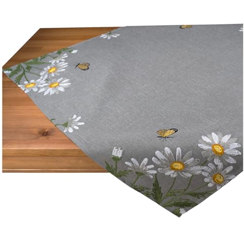 Tischdecke Leinen-Optik Bestickt Deko Esszimmer Serie Margariten Blumen Tischwäsche grau Stickerei Schmetterling Tischdeko Frühling Typ886 Mitteldecke 85x85 cm weiß gelb