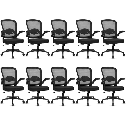 Image of KLASIKA Desk Chairs with Wheels, Ergonomic Mesh Back Home Office Chair Adjustable Lumbar Support & Height Swivel Rolling Computer Task Chairs with Flip Up Armrests for Conference Meeting, Black, 10PK